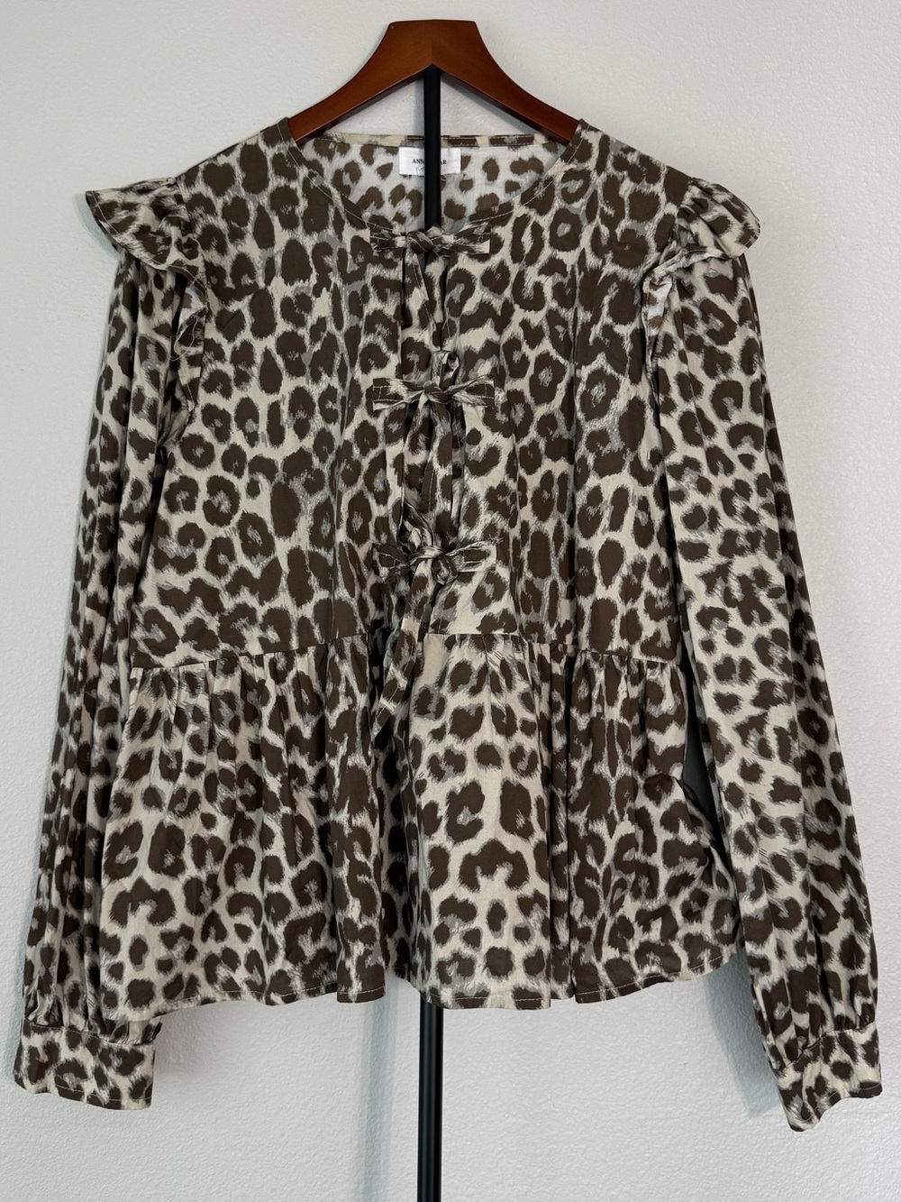 Annie Wear Leopard Print Tie Front Peplum Blouse Brown Cream Women Size XL - Picture 10 of 14